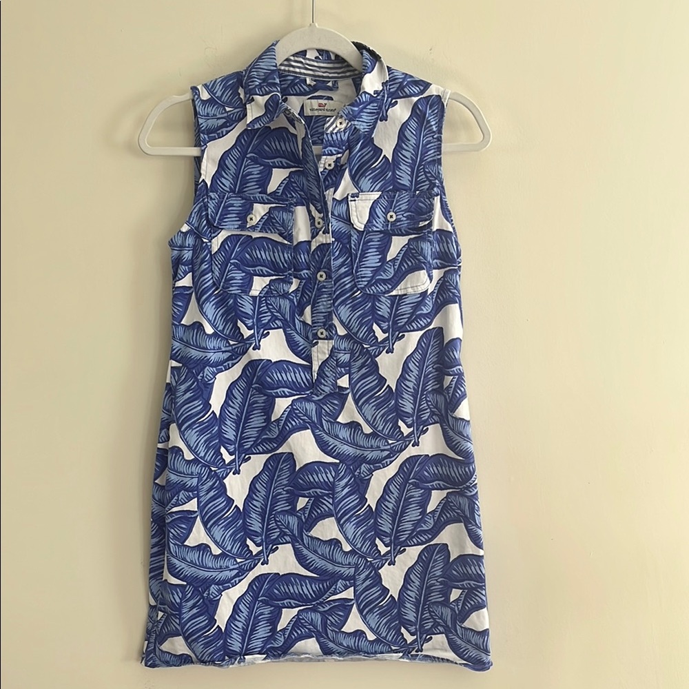 Vineyard Vines Blue and White Tropical Leaf Sleeveless Mini Dress